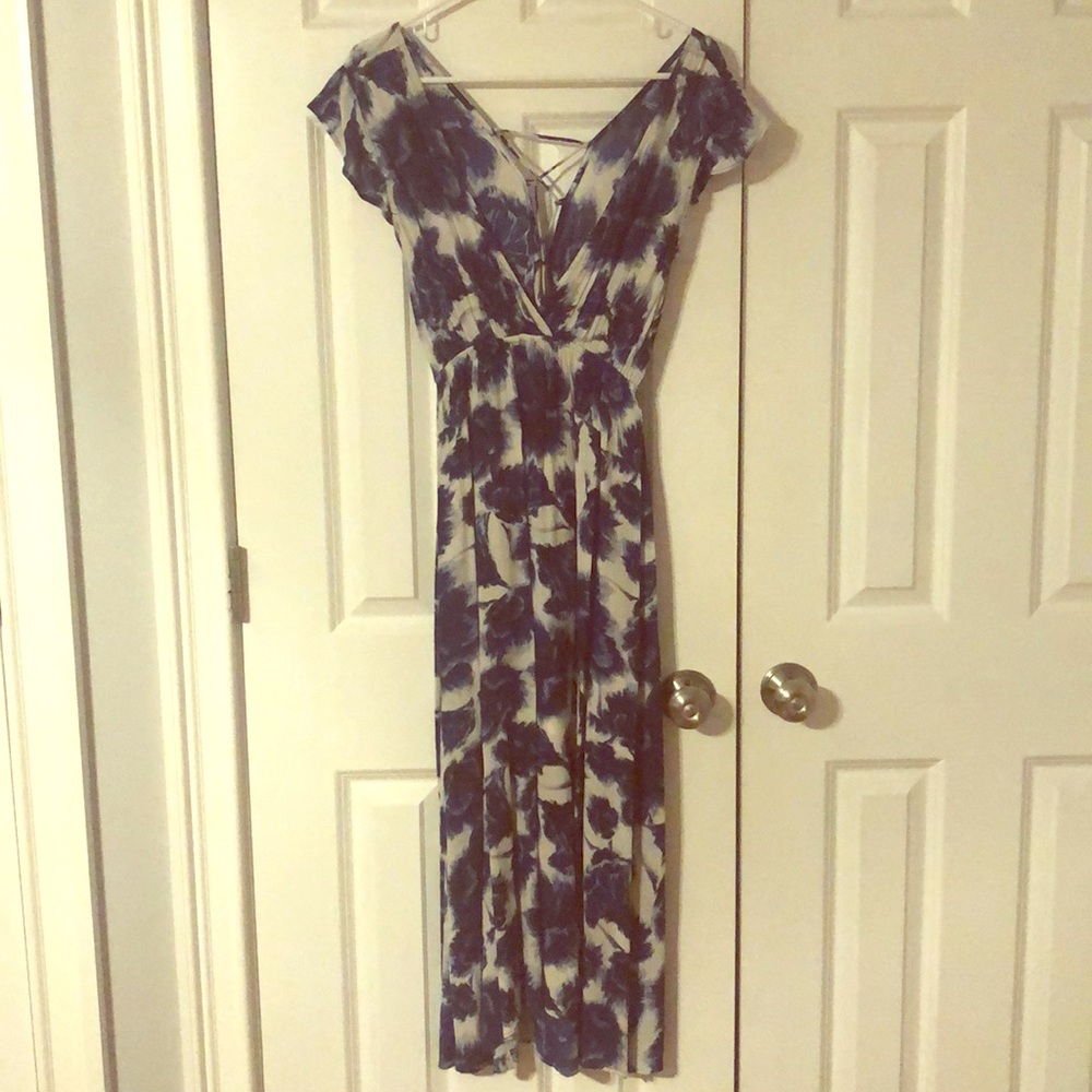 Blue and white floral print dress